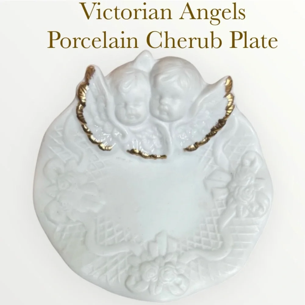 Victorian Angel Plate Jewelry Trinkets Soap Dish White Porcelain Gold Trim Wings
